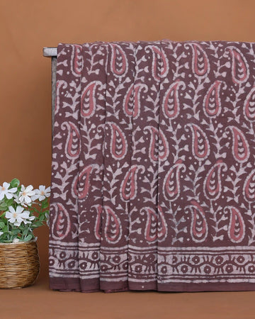 Dabu Print Pure Cotton Saree with Traditional Paisley Motifs and Hand Block Printed Border - Purple