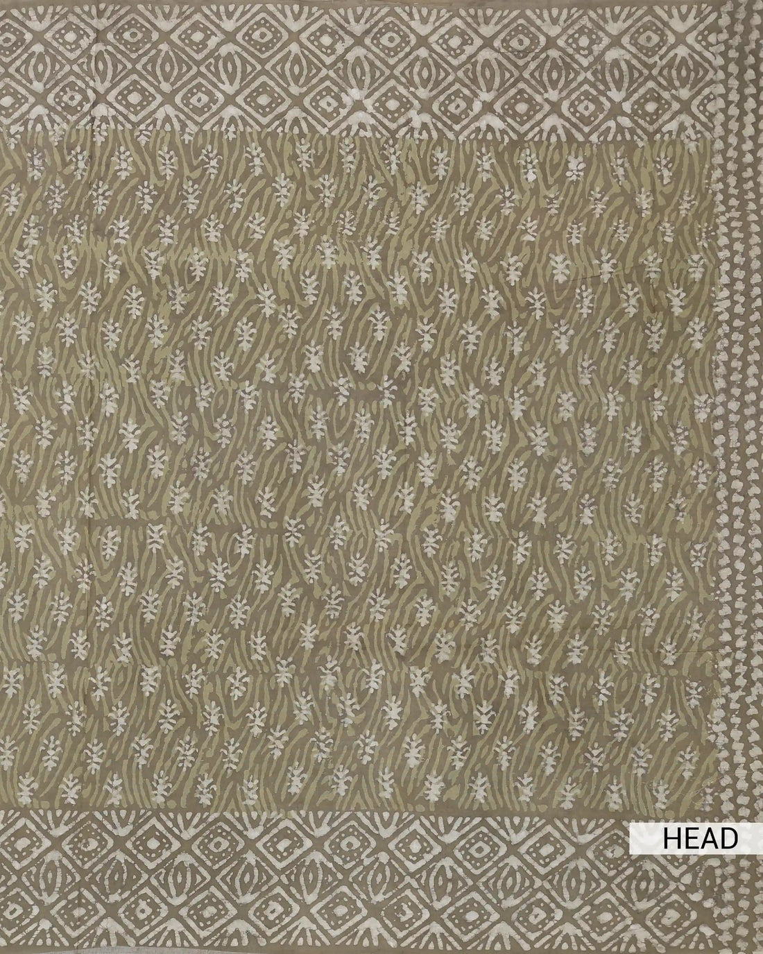 Hand Block Dabu Printed Pure Cotton Saree with Floral Motifs and Geometric Border - Olive Green