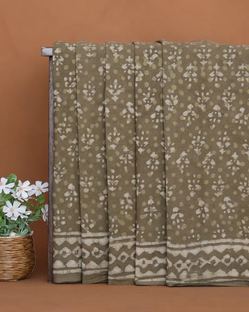 Dabu Print Pure Cotton Saree with Floral Butti Motifs and Traditional Geometric Border - Olive Green