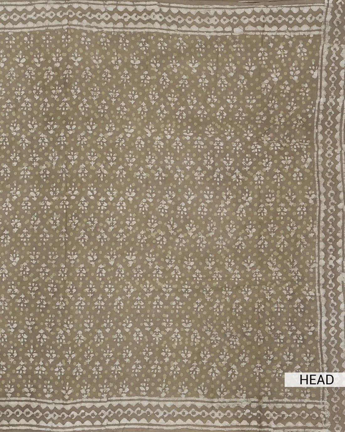 Dabu Print Pure Cotton Saree with Floral Butti Motifs and Traditional Geometric Border - Olive Green