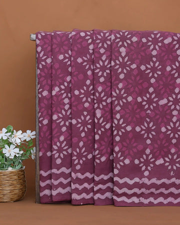 Hand Block Dabu Printed Cotton Saree with Floral Motifs and Zigzag Border - Onion Pink