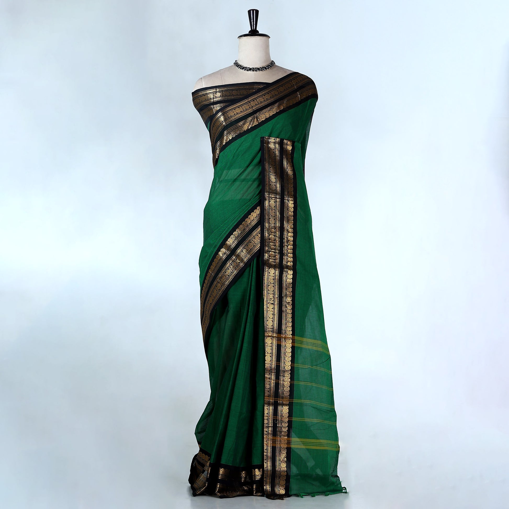 Dark Green Kanchi Cotton Saree for Women | Festive Traditional Collection | Jeyachandran -Full View
