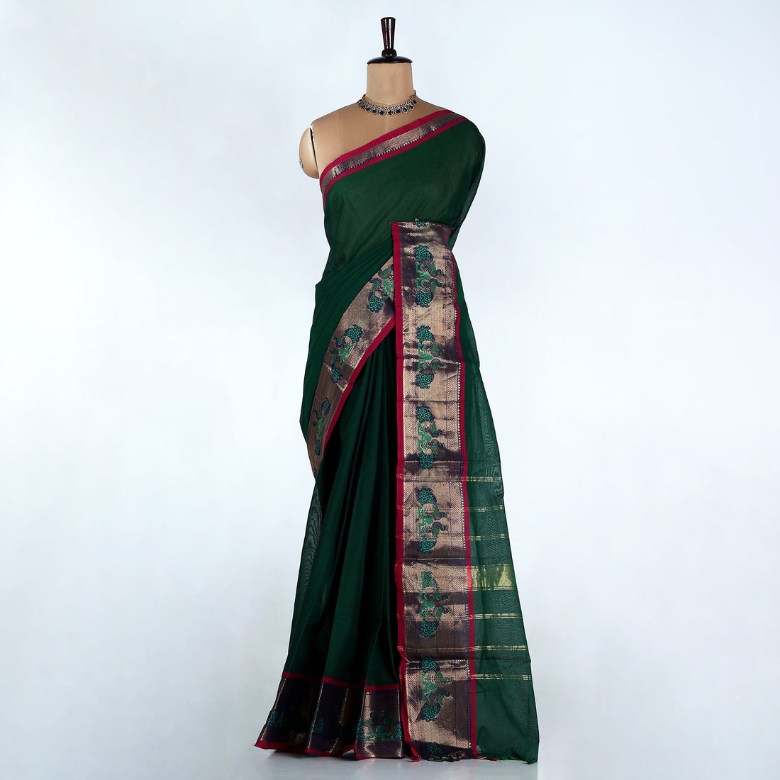 Dark Green Kanchi Cotton Saree for Women | Festive Traditional Collection | Jeyachandran -Full View

