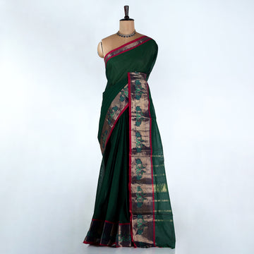 Dark Green Kanchi Cotton Saree for Women | Festive Traditional Collection | Jeyachandran -Full View
