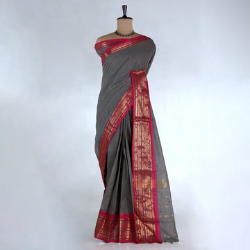 Grey Kanchi Cotton Saree for Women | Festive Traditional Collection | Jeyachandran -Full View
