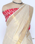 A cream-colored kerala saree with a red and white patterned border and matching blouse - blouse view