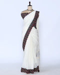 White cotton saree with black printed border and matching printed blouse - full view