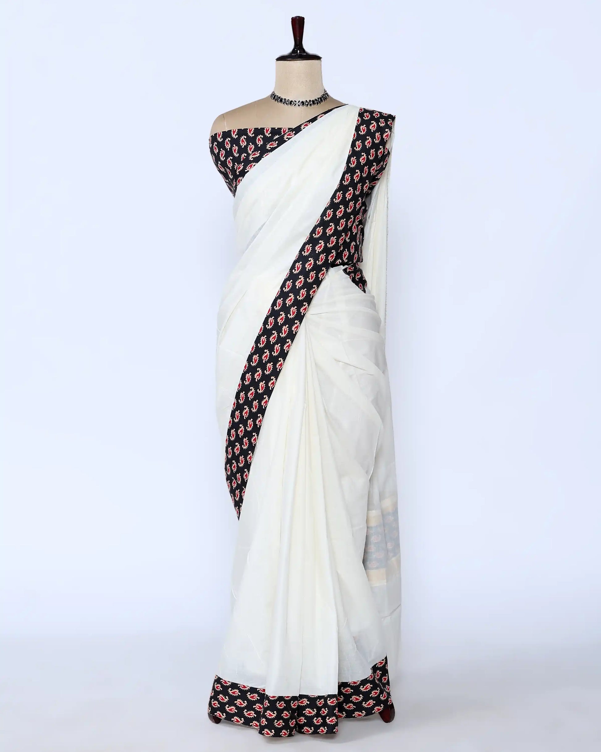 White cotton saree with black printed border and matching printed blouse - full view