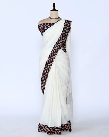 White cotton saree with black printed border and matching printed blouse - full view