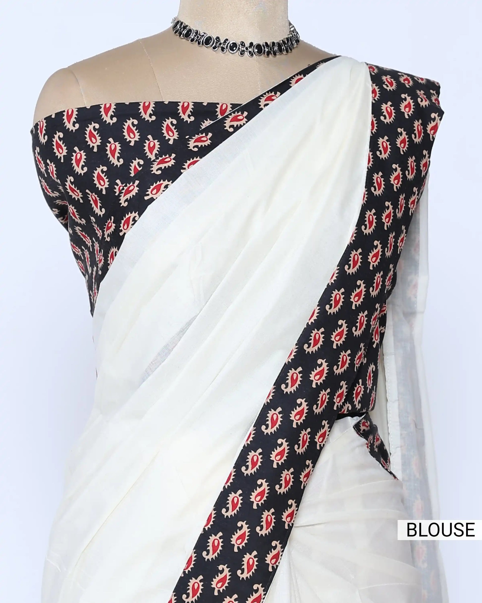 White cotton saree with black printed border and matching printed blouse - blouse view