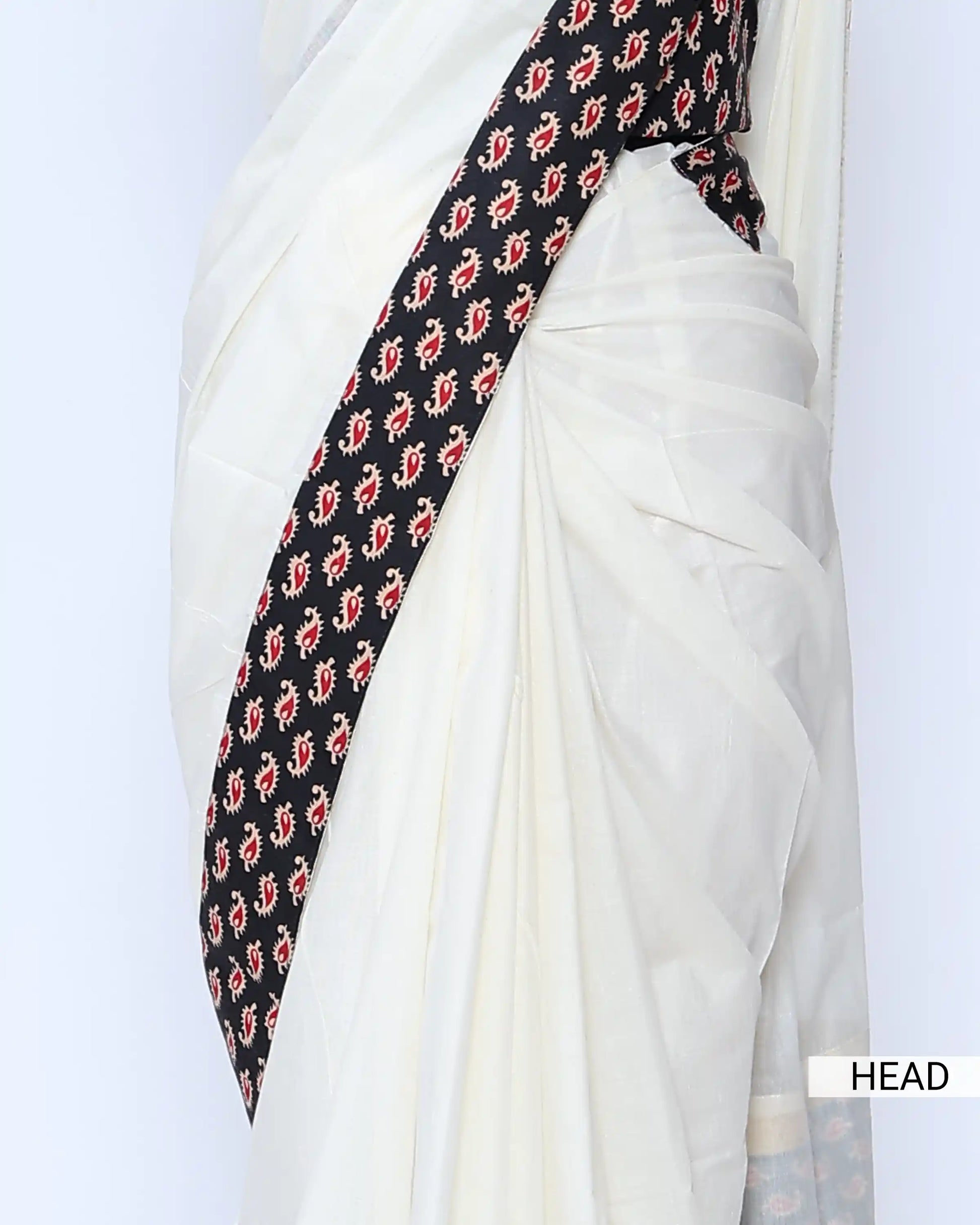 White cotton saree with black printed border and matching printed blouse - head view