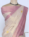 A cream and pink striped kerala saree with a matching pink blouse blouse view
