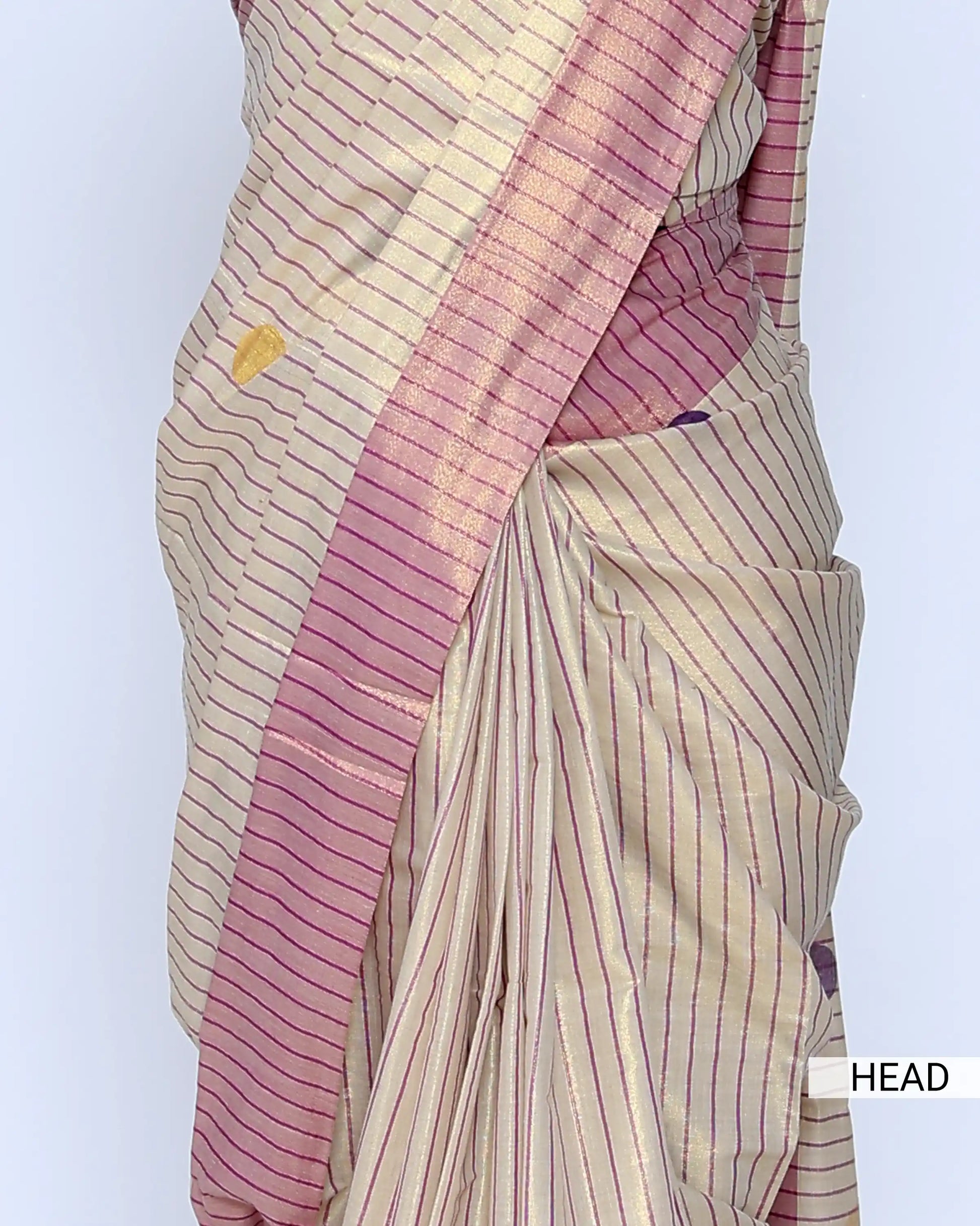 A cream and pink striped kerala saree with a matching pink border  head view