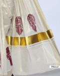 A cream-colored kerala saree with red print pallu view