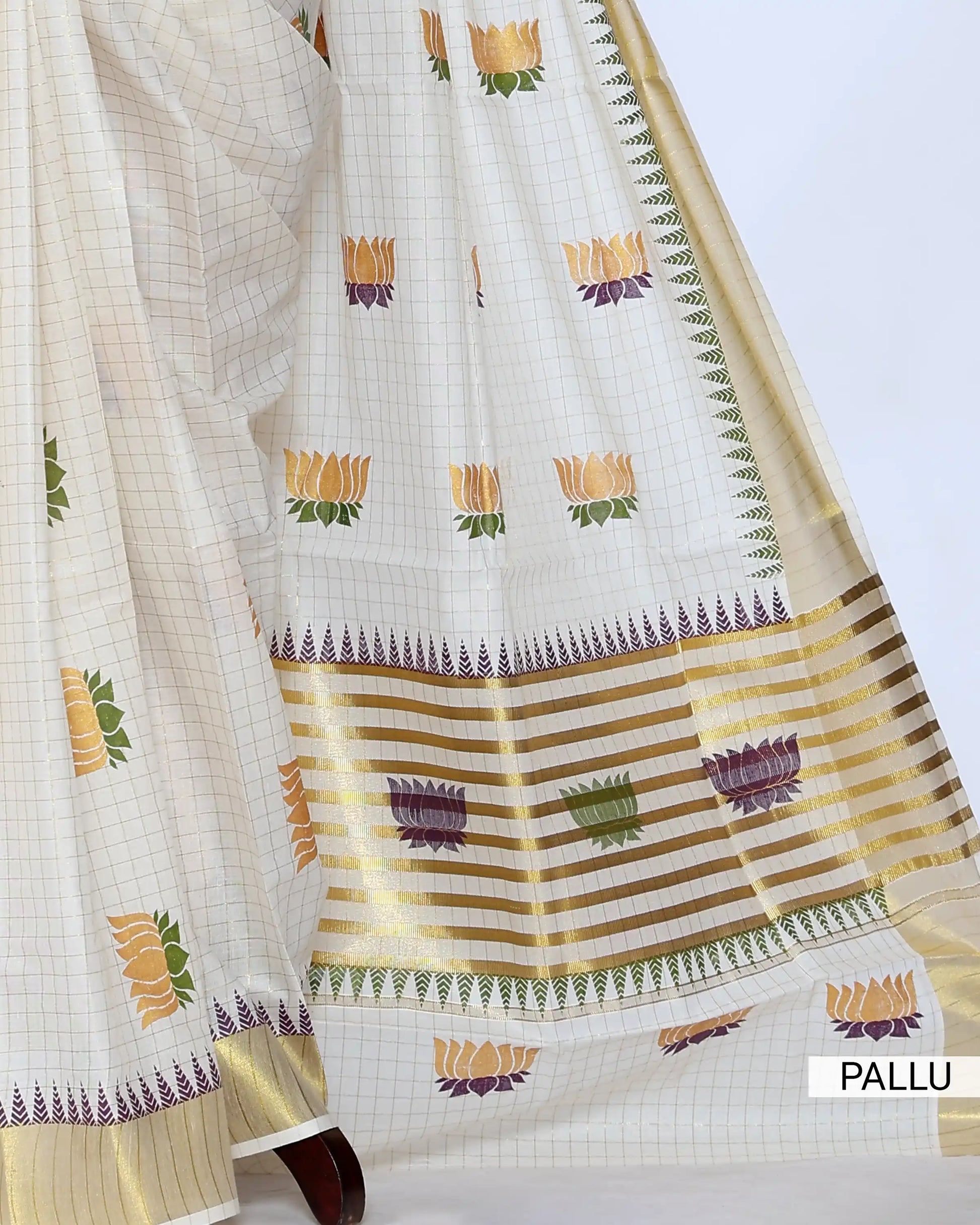 An off-white kerala saree with gold zari borders and small multicolor floral motifs - pallu view
