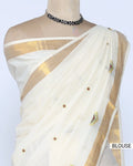 An off-white cotton saree with gold zari borders and small gold dots blous view