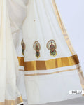 An off-white cotton saree with gold zari borders and small gold dots pallu view