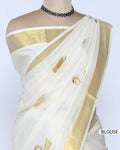 An off-white kerala saree with gold zari embroidery and borders - blouse view