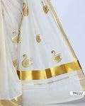 An off-white kerala saree with gold zari embroidery and borders - pallu view