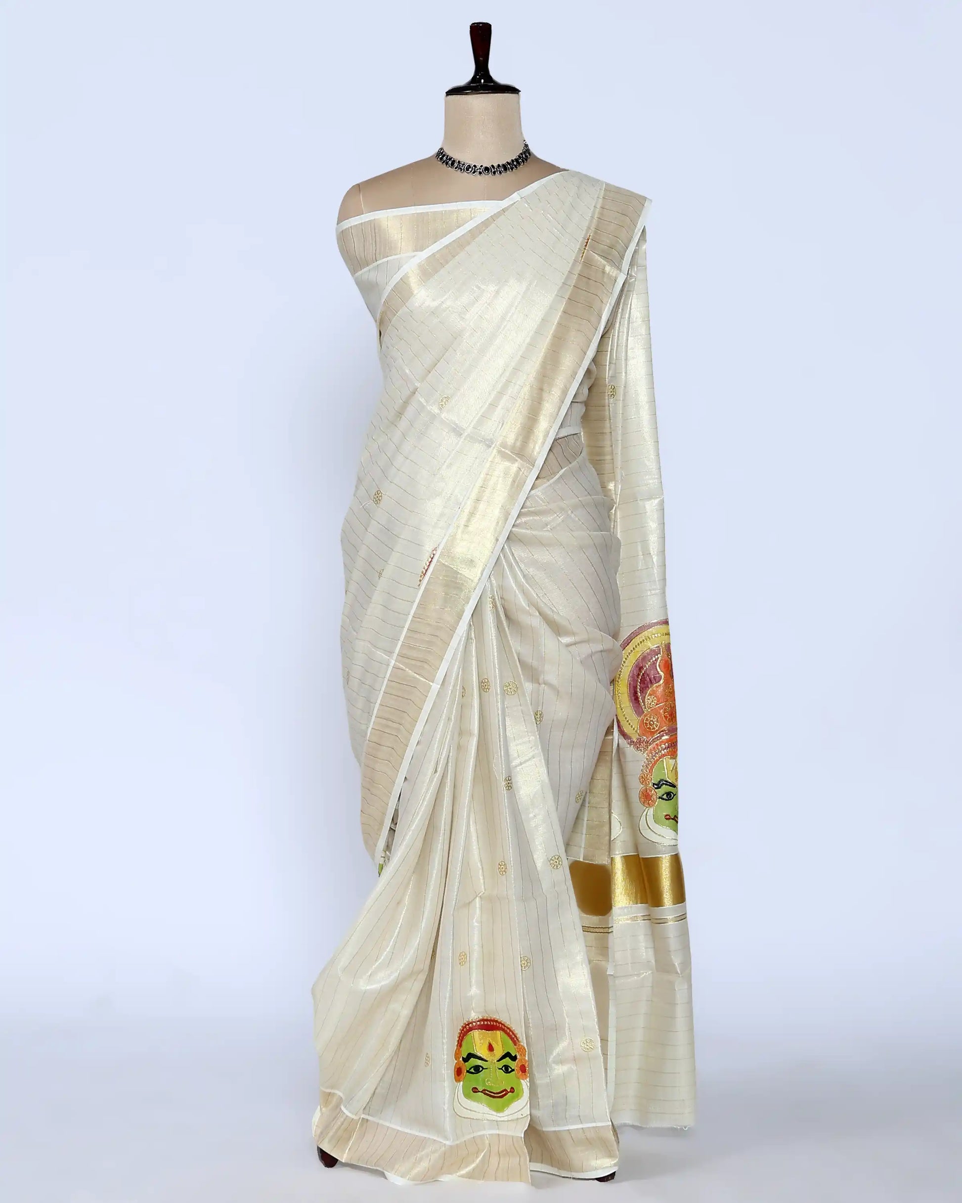 A cream-colored kerala saree with subtle stripes and colorful traditional prints on the border full view