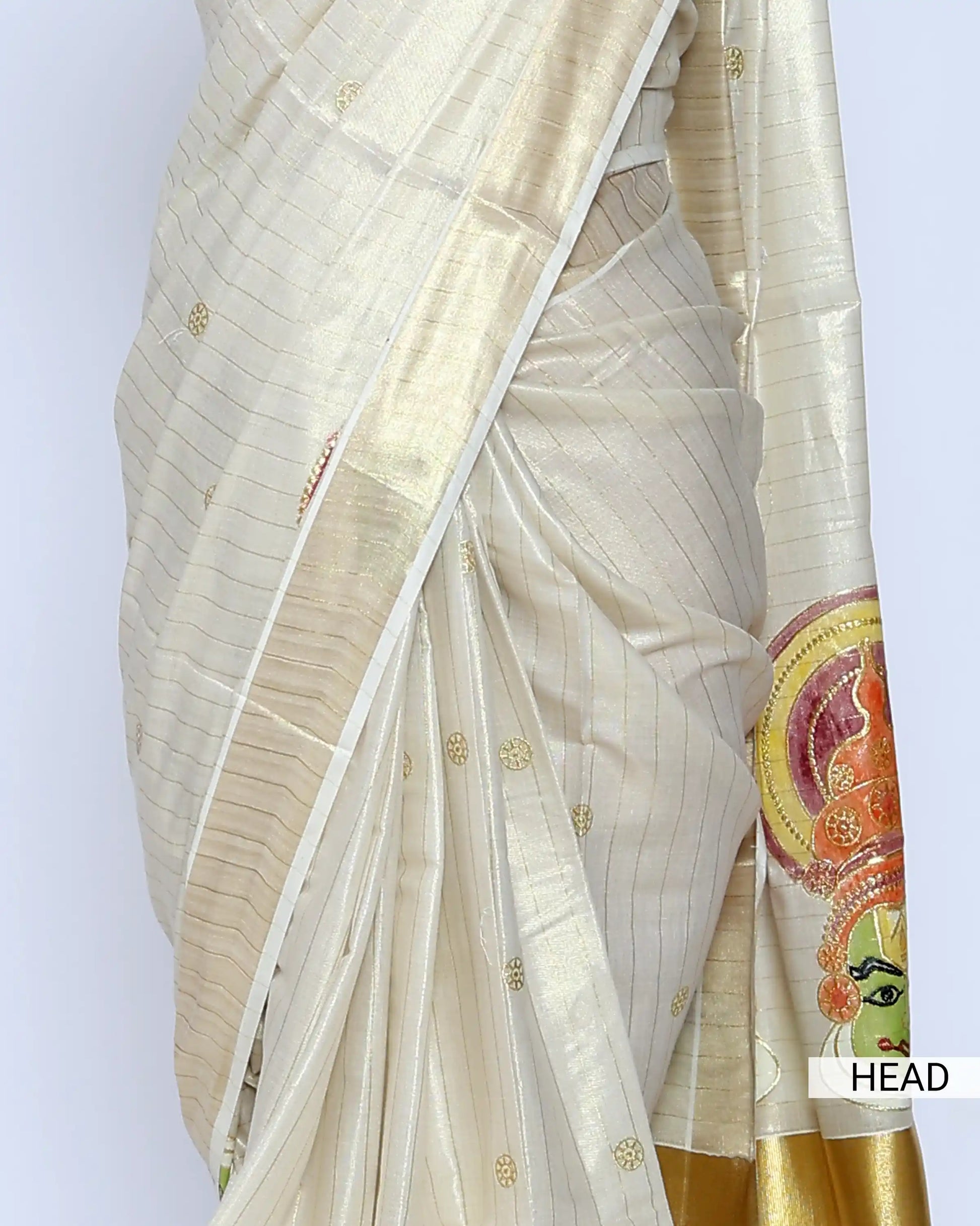 A cream-colored kerala saree with subtle stripes and colorful traditional prints on the border - head view