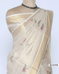 A cream-colored kerala saree with delicate floral prints and a gold border - blouse view