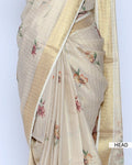 A cream-colored kerala saree with delicate floral prints and a gold border - head view