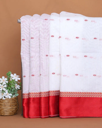 Khadi Cotton Saree for Women with Delicate Woven Dot Pattern and Contrast Border - Off White