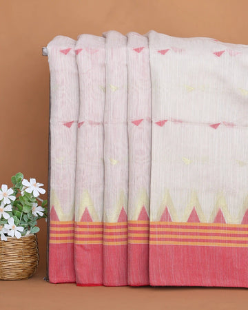 Khadi Cotton Saree for Women with Delicate Geometric Motifs Striped & Temple Border - Off White