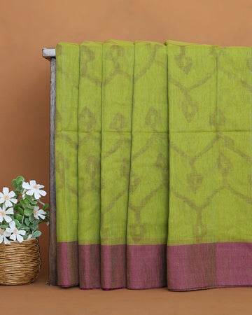 Khadi Cotton Saree for Women with Leaf Vine Motif and Contrast Woven Border - Green