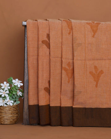 Khadi Cotton Saree for Women with Floral Motifs and Contrast Border - Rust Orange