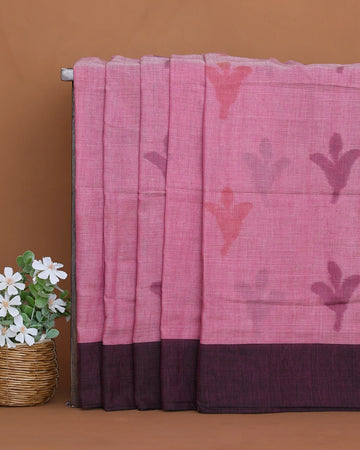Khadi Cotton Saree for Women with Floral Motifs and Contrast Border - Pink