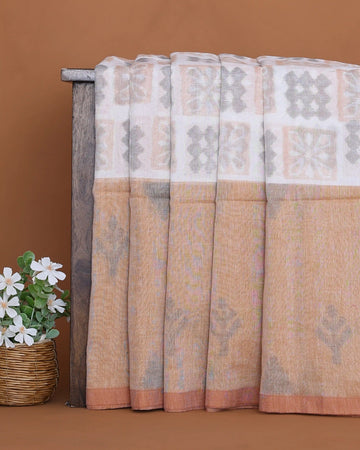 Khadi Cotton Saree with Geometric Butta Motifs Floral Woven Panel and Checked Pallu – Brown
