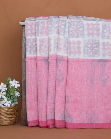 Khadi Cotton Saree with Geometric Butta Motifs Floral Woven Panel and Checked Pallu – Pink
