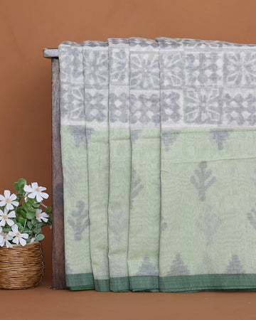 Khadi Cotton Saree with Geometric Butta Motifs Floral Woven Panel and Checked Pallu – Green