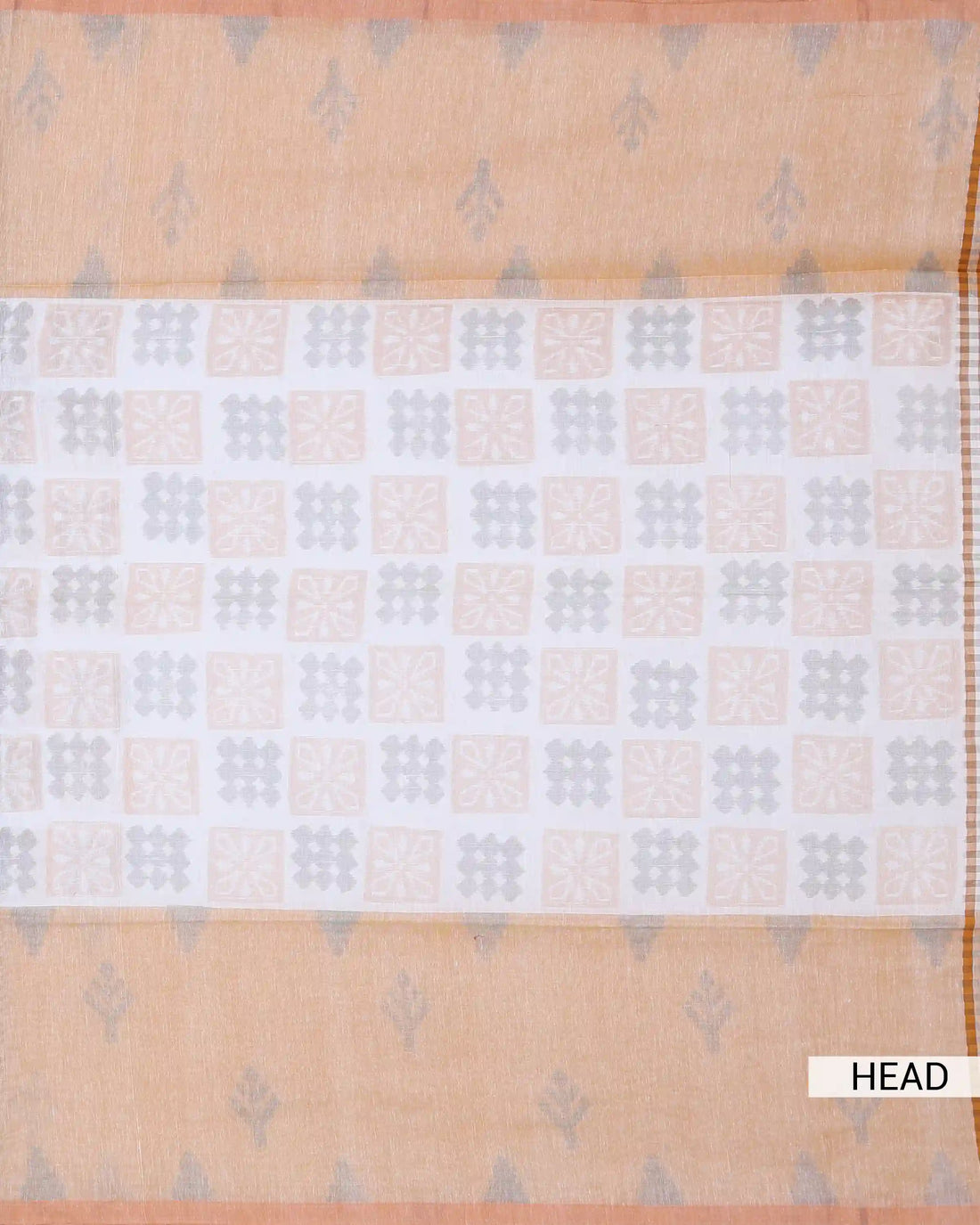Khadi Cotton Saree with Geometric Butta Motifs Floral Woven Panel and Checked Pallu – Brown