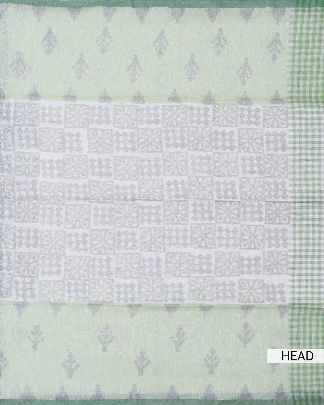 Khadi Cotton Saree with Geometric Butta Motifs Floral Woven Panel and Checked Pallu – Green