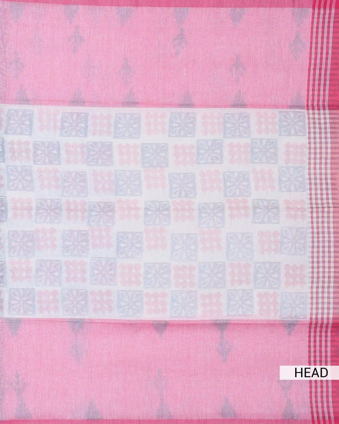 Khadi Cotton Saree with Geometric Butta Motifs Floral Woven Panel and Checked Pallu – Pink