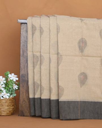 Khadi Cotton Saree for Women with Traditional Paisley Motifs and Contrast Woven Border - Beige