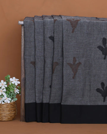 Khadi Cotton Saree for Women with Floral Motifs and Contrast Border - Dark Grey