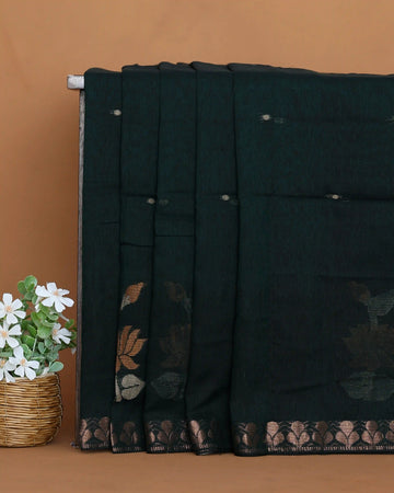 Khadi Cotton Saree for Women with Floral Border and Woven Floral Motifs - Dark Green