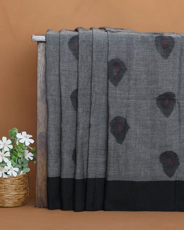 Khadi Cotton Saree for Women with Traditional Paisley Motifs and Contrast Woven Border - Dark Grey