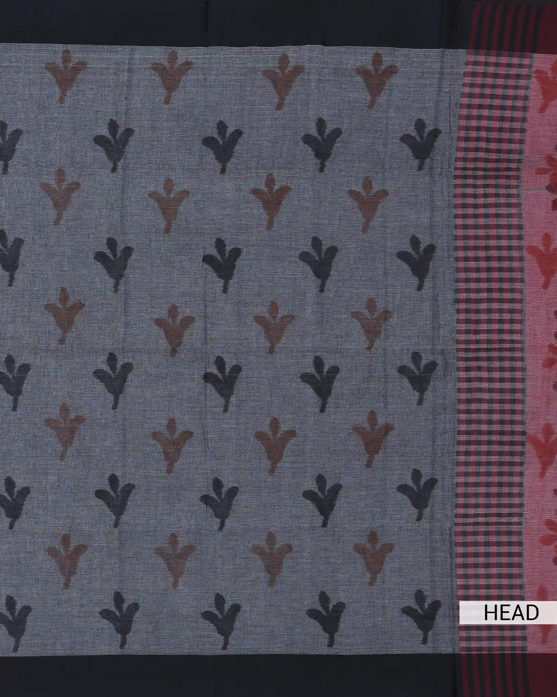 Khadi Cotton Saree for Women with Floral Motifs and Contrast Border - Dark Grey