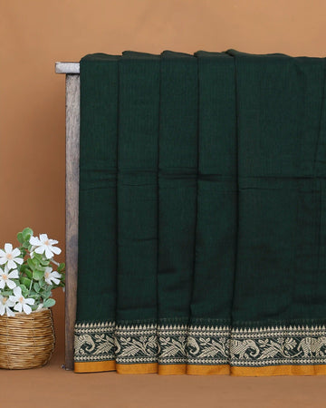Khadi Cotton Saree for Women with Solid Body and Intricate Elephant & Floral Woven Border - Dark Green