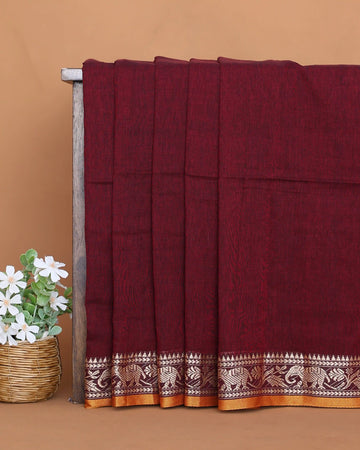 Khadi Cotton Saree for Women with Solid Body and Intricate Elephant & Floral Woven Border - Maroon