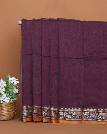 Khadi Cotton Saree for Women with Solid Body and Intricate Elephant & Floral Woven Border - Purple