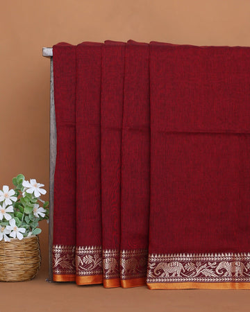 Khadi Cotton Saree for Women with Solid Body and Intricate Elephant & Floral Woven Border - Red