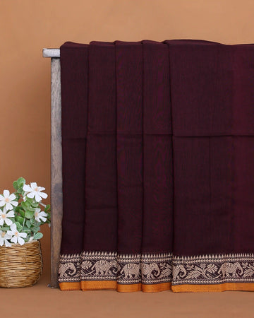 Khadi Cotton Saree for Women with Solid Body and Intricate Elephant & Floral Woven Border - Dark Maroon