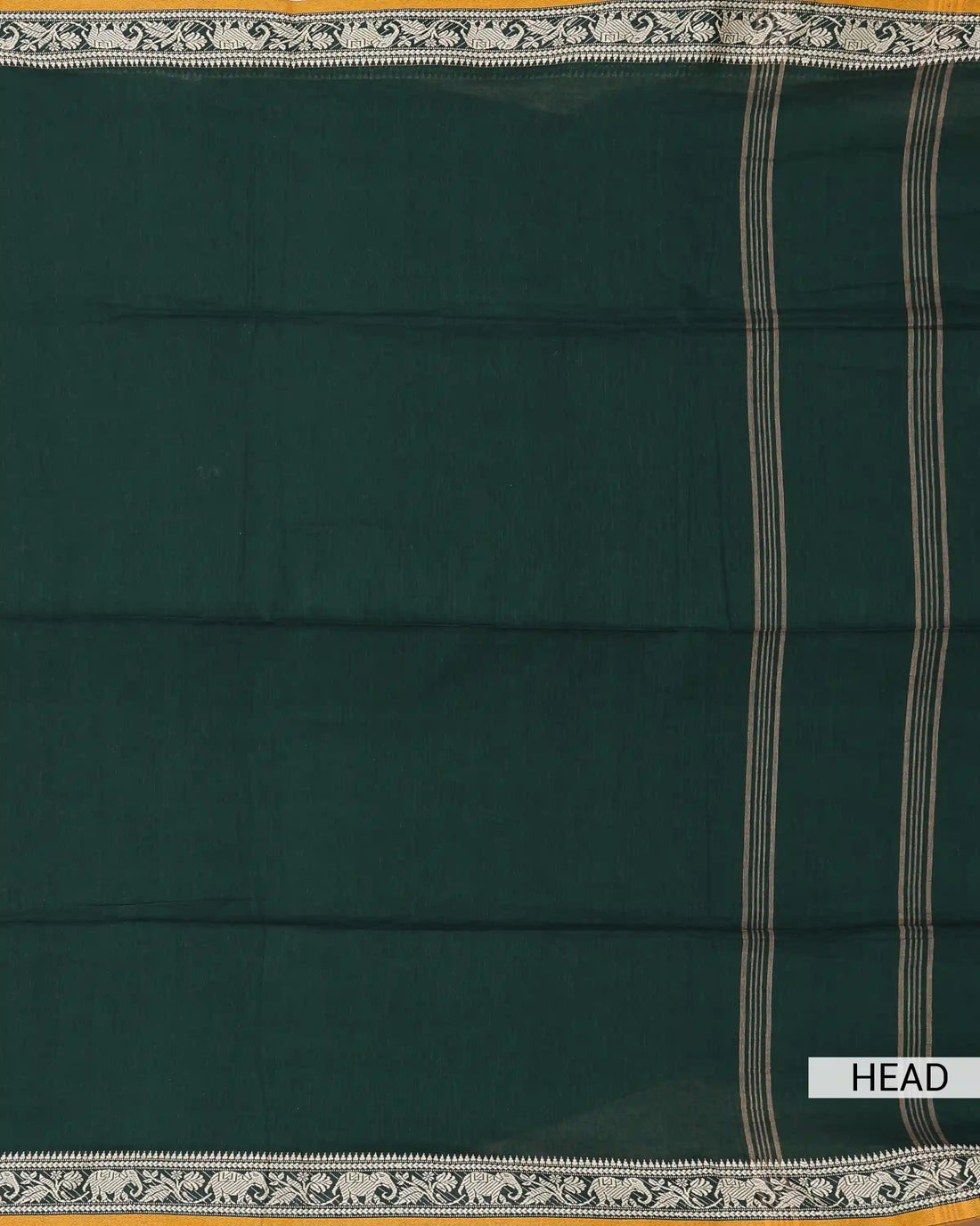 Khadi Cotton Saree for Women with Solid Body and Intricate Elephant & Floral Woven Border - Dark Green