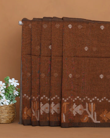 Khadi Cotton Saree for Women with Traditional Floral Motif Border and Floral Woven Butta - Brown